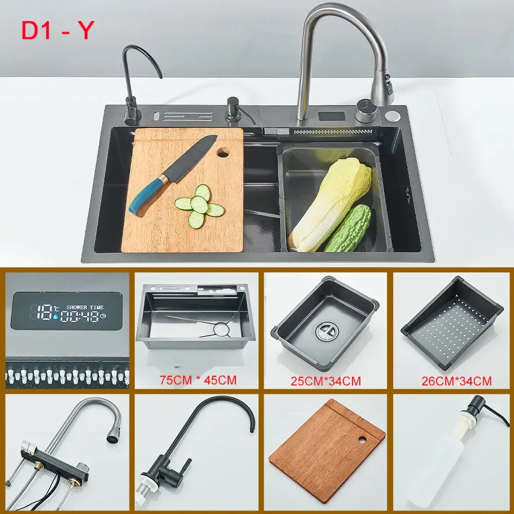 Modern black stainless steel double-basin kitchen waterfall sink with integrated digital display and multiple faucets