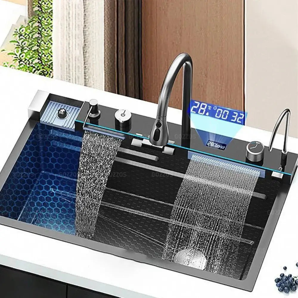 Modern black stainless steel kitchen sink with sleek curved faucet and dual waterfall spouts for stylish use