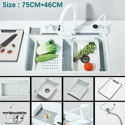 White double-basin kitchen sink with integrated faucet and drain system in stainless steel for modern kitchen use