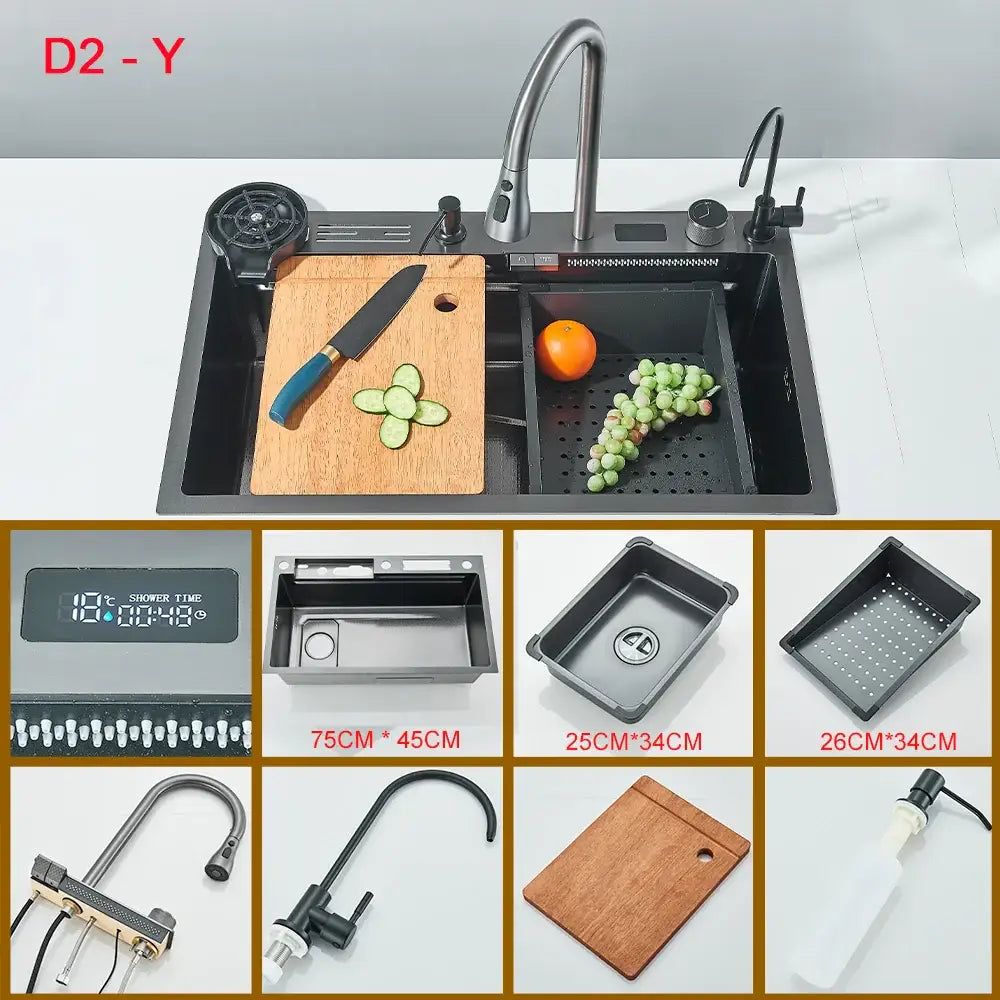 Modern black stainless steel waterfall kitchen sink with integrated digital shower timer and dual faucet options