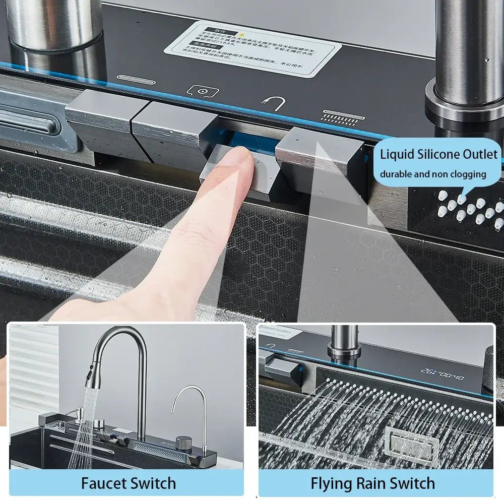 Modern black stainless steel waterfall sink for kitchen with display - Decorbites