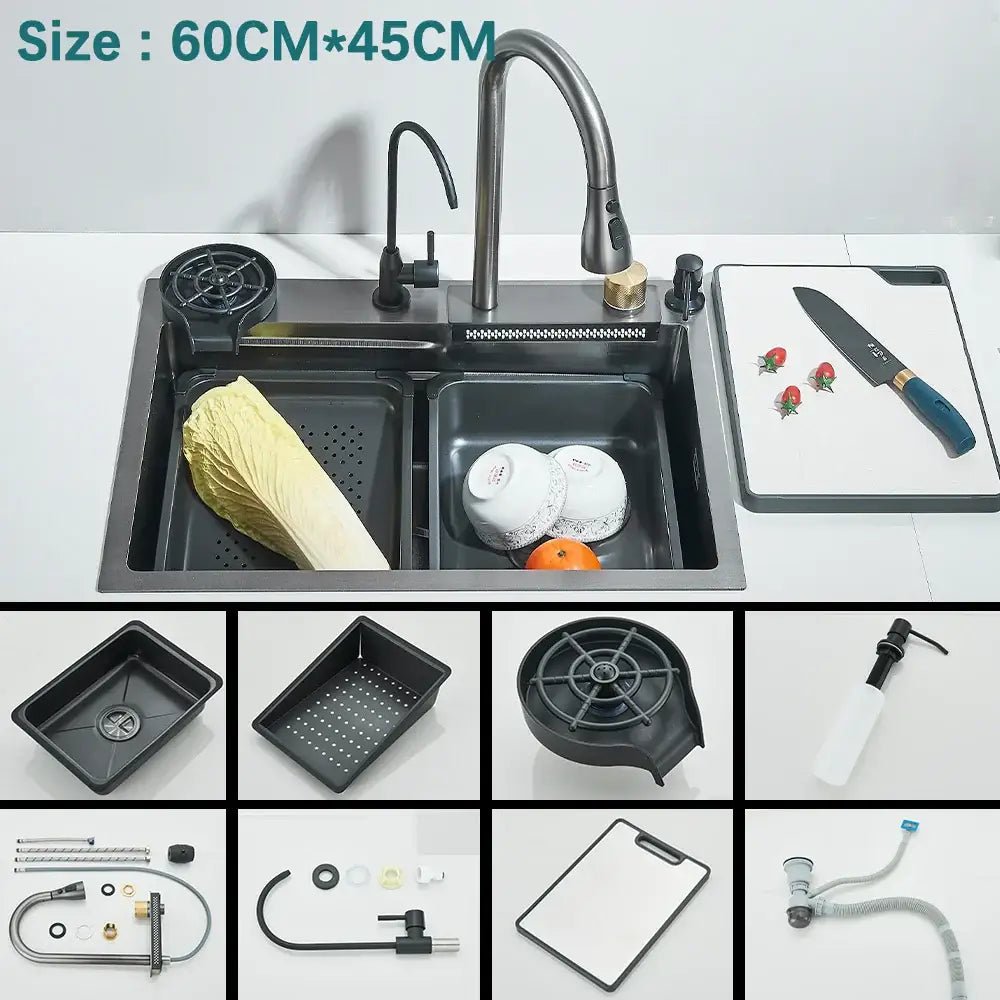 Modern black stainless steel waterfall sink for kitchen with display - Decorbites