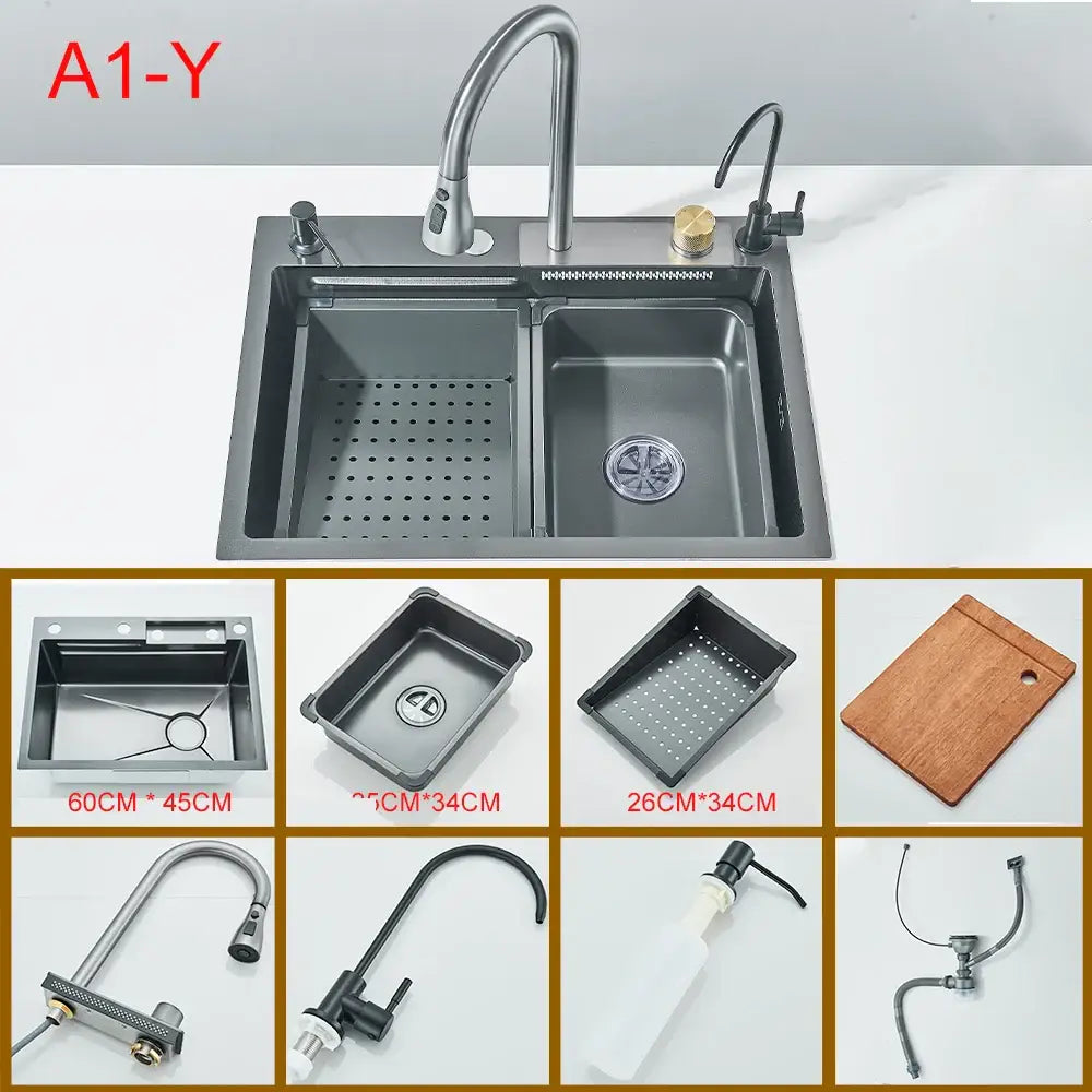 Modern black stainless steel waterfall sink with double basin and matte finish featuring a curved gooseneck faucet