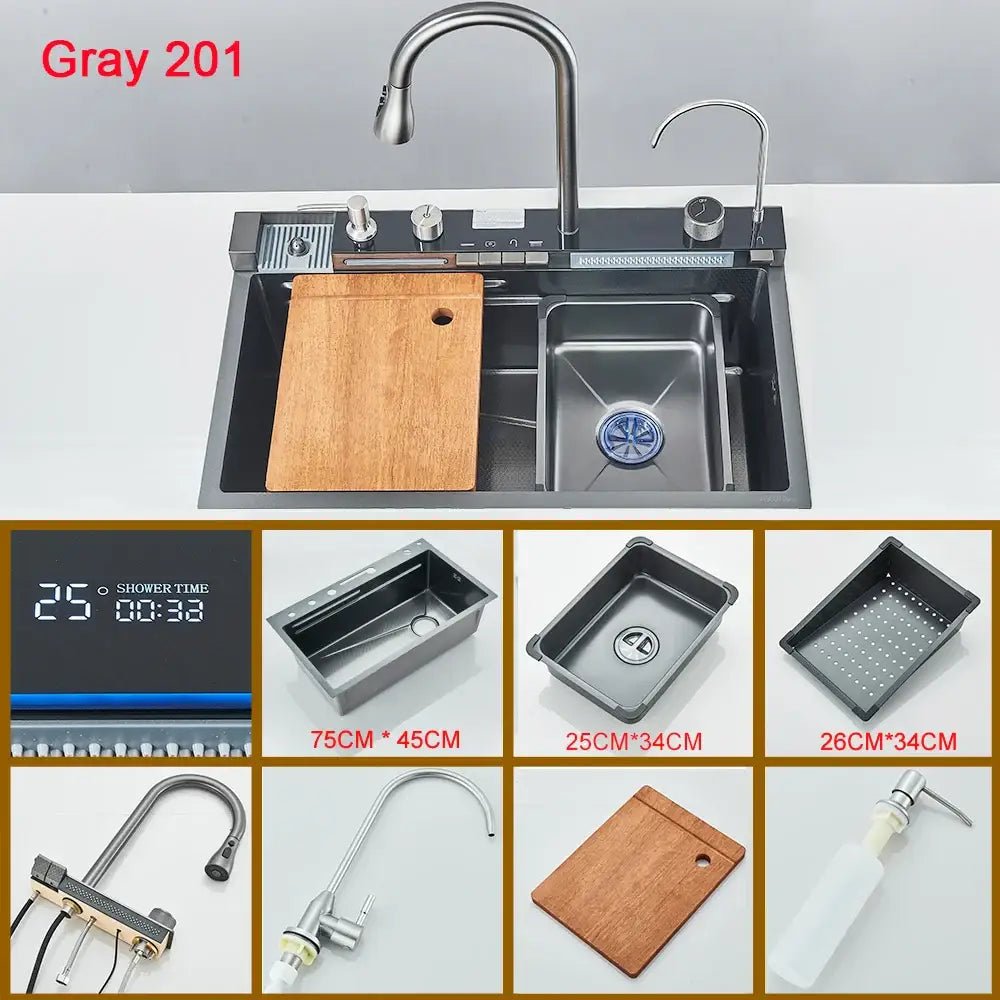 Modern black stainless steel waterfall sink for kitchen with display - Decorbites