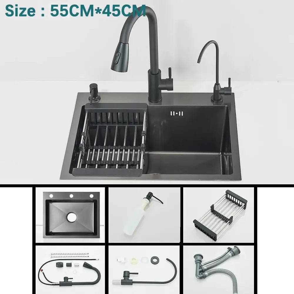 Modern black stainless steel waterfall sink for kitchen with display - Decorbites