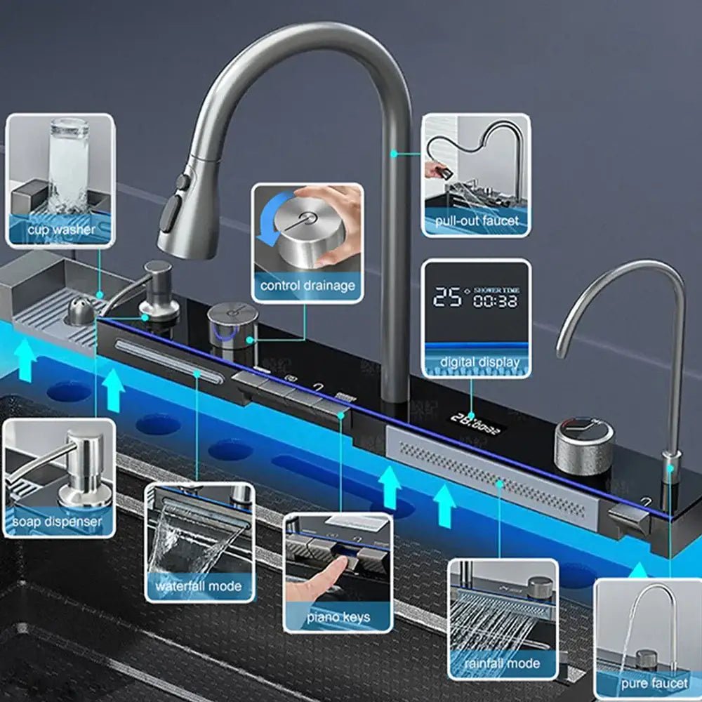 Modern black stainless steel waterfall sink for kitchen with display - Decorbites