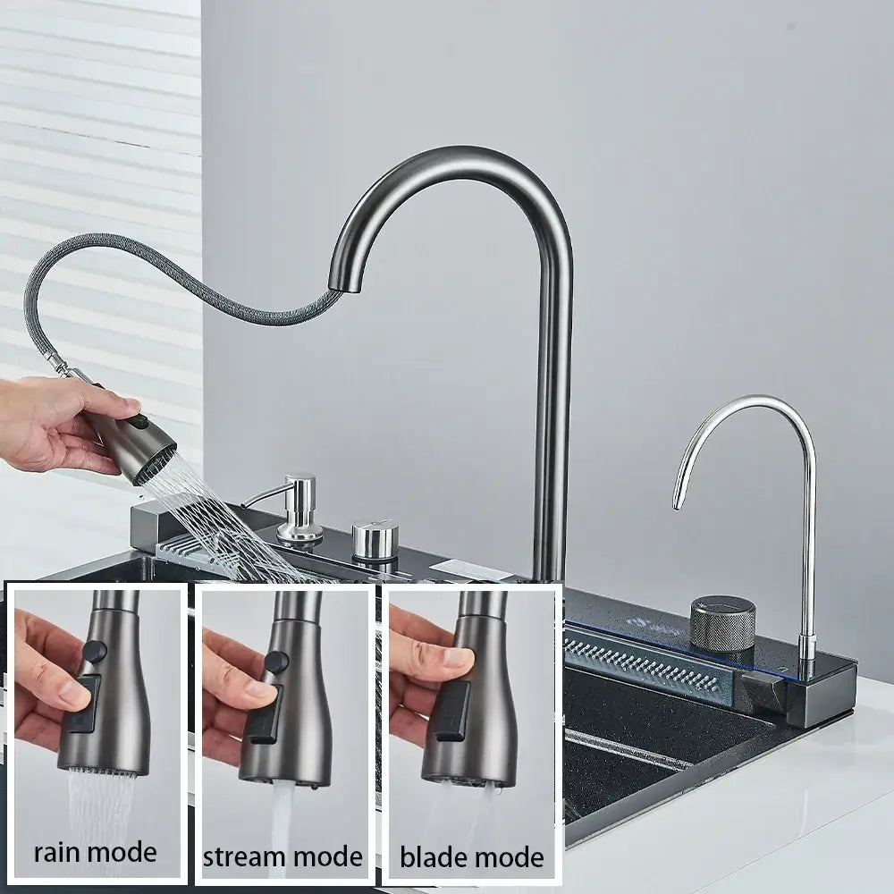Modern matte black stainless steel kitchen faucet with flexible pull-out spray head and three water flow modes