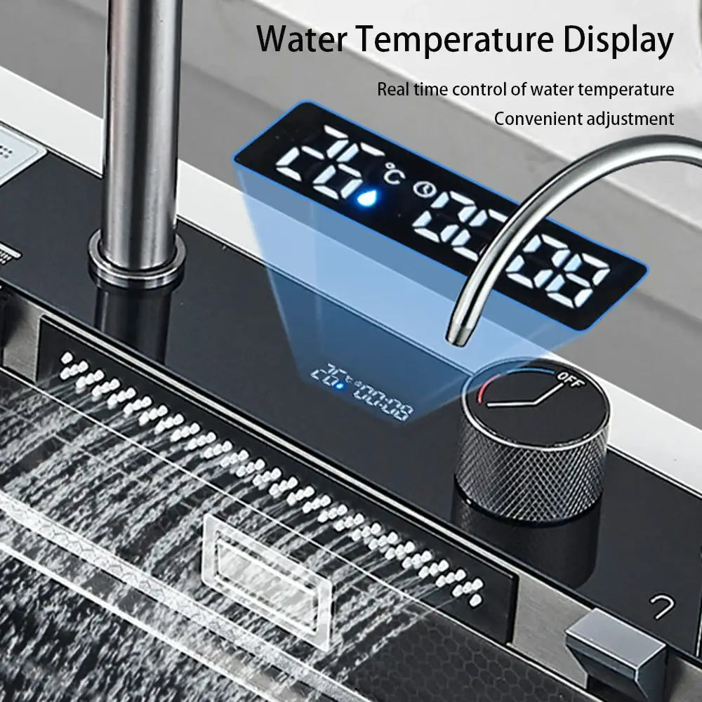 Modern black stainless steel waterfall sink for kitchen with digital water temperature display and silver control knob