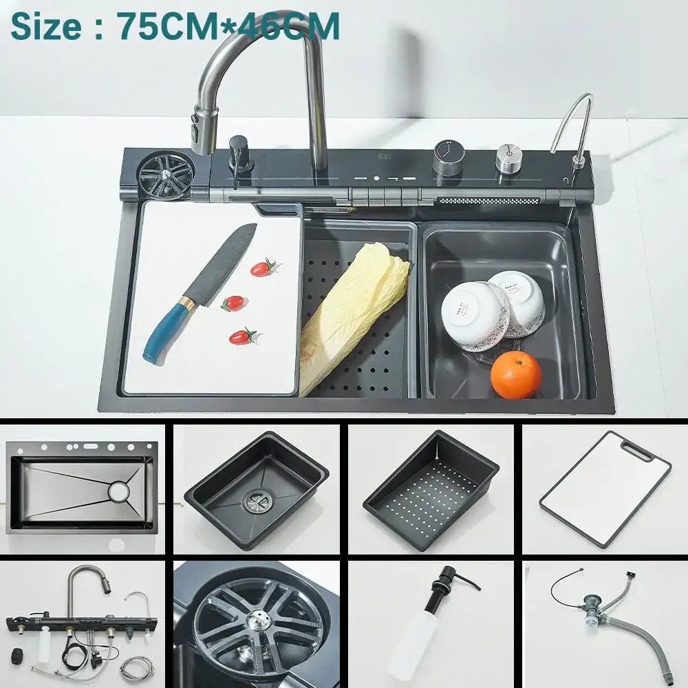 Modern black stainless steel waterfall sink for kitchen with display - Decorbites