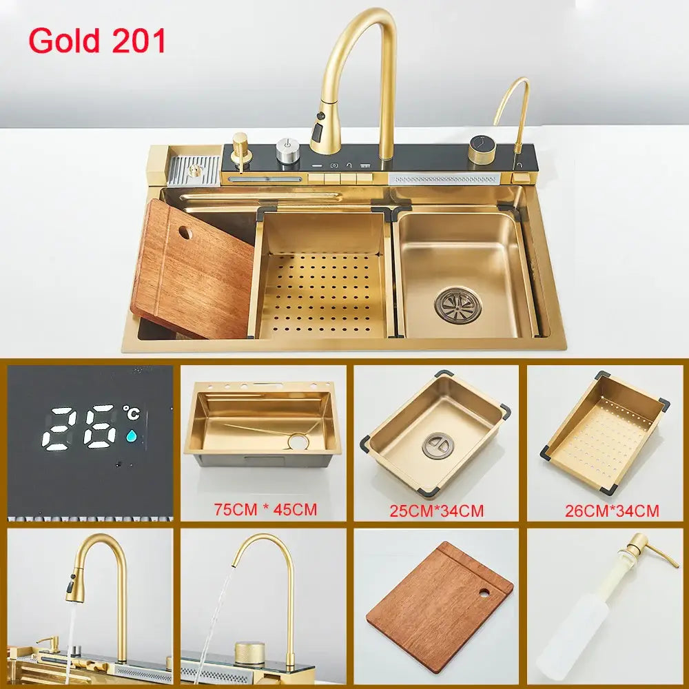 Modern black stainless steel waterfall kitchen sink with gold finish faucet and integrated digital temperature display