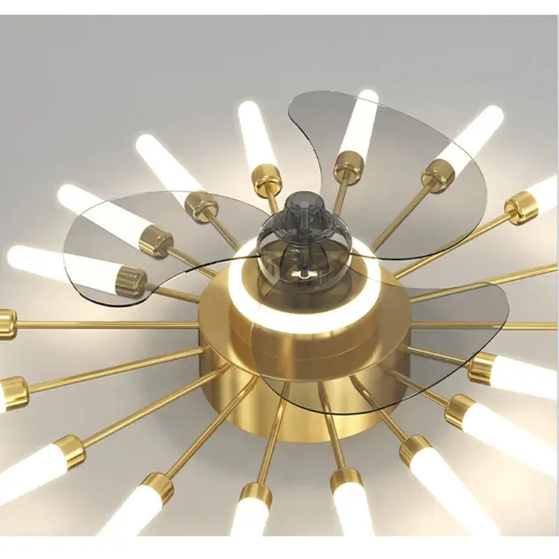 Modern black starburst chandelier ceiling fan with gold-toned finish, integrated LED lights, and clear glass blades