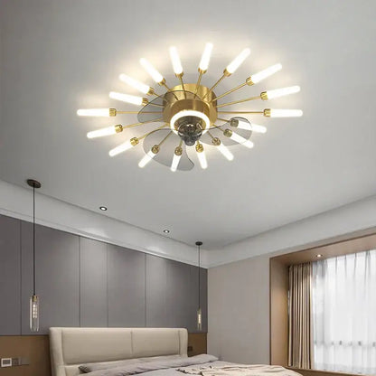 Modern black starburst chandelier ceiling fan with gold-toned fixture and frosted glass rods for living room ceiling fan