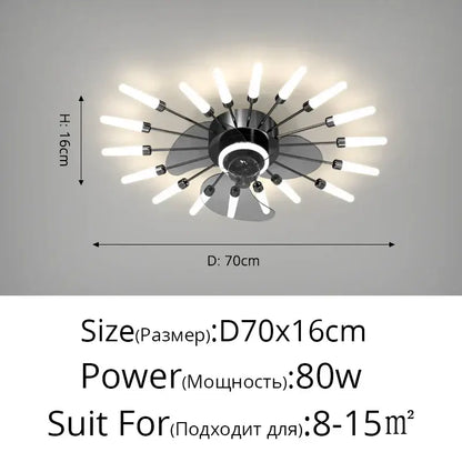 Modern black starburst chandelier ceiling fan with multiple white led bulbs for living room lighting and air circulation