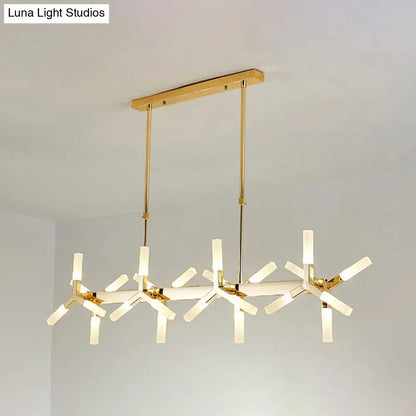 Modern gold-finished DecorBites linear acrylic shade chandelier with multiple arms ideal for dining room or island lighting