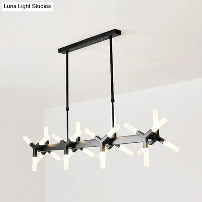 Modern black metal chandelier with sleek angular arms and linear acrylic shade fixtures for dining room or island lighting