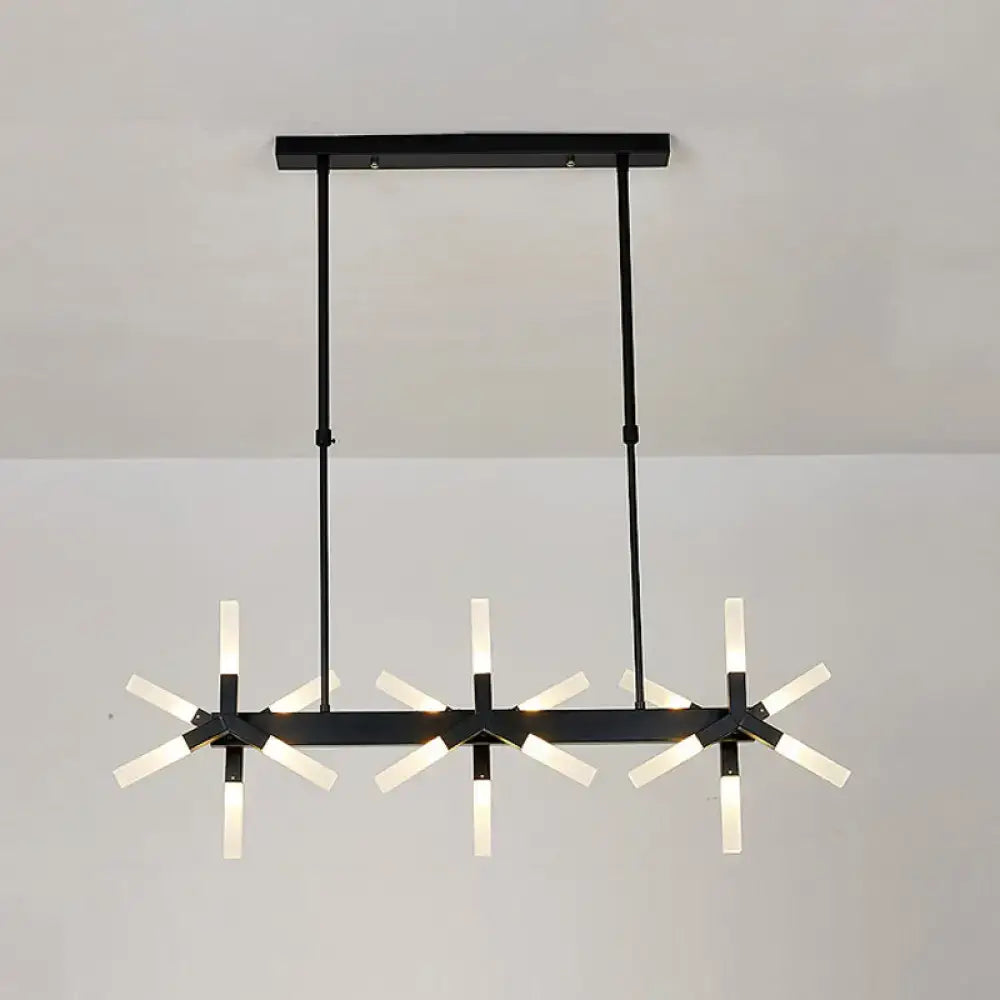 Black metal chandelier with three starburst frosted glass arms part of DecorBites linear acrylic shade ceiling pendant