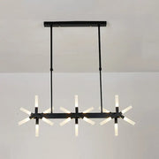 Black metal chandelier with three starburst frosted glass arms part of DecorBites linear acrylic shade ceiling pendant