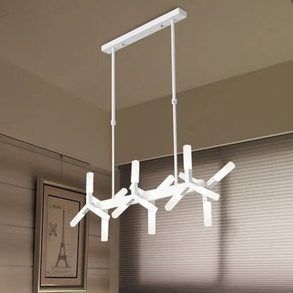 Modern white geometric linear acrylic shade chandelier with angular branch-like arms for dining room or island lighting
