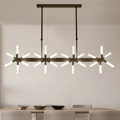 Modern black metal chandelier with multiple starburst-style light fixtures featuring a linear acrylic shade ideal for dining rooms