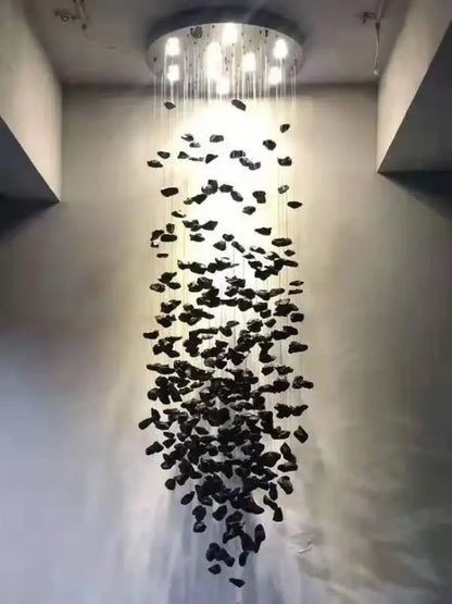 Modern black stone crystal chandelier hallway pendant light featuring irregular stones suspended by thin wires decorbites crystal chandelier