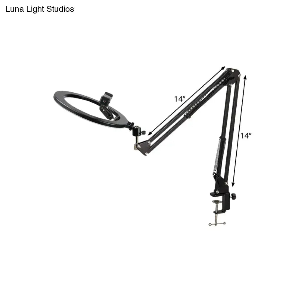 Black adjustable LED ring light with 14-inch swing arm and clamp base for modern bedroom mirror light use