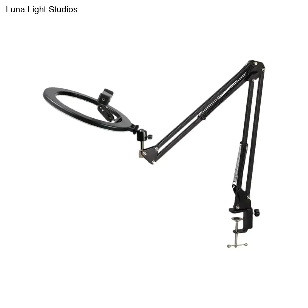 Modern black adjustable led ring light with swing arm mirror light and clamp base for bedroom use