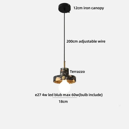 Modern black terrazzo led pendant lamp with gold accents, 12cm iron canopy, adjustable wire, and e27 led bulb for dining room