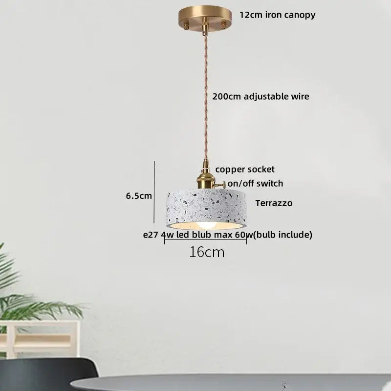 Modern pendant lamp with white terrazzo shade and brass canopy featured in decorbites black terrazzo led collection