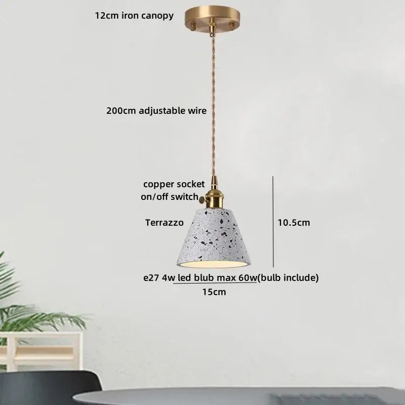 Modern black terrazzo led pendant lamp with speckled terrazzo shade brass iron canopy and copper socket for dining room decorbites black terrazzo