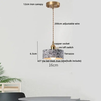 Modern black terrazzo led pendant lamp with gray white terrazzo shade copper socket and adjustable wire for dining room