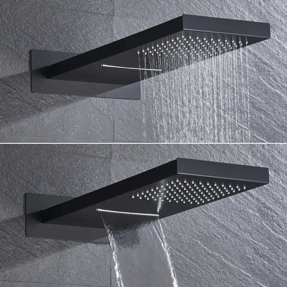 Modern black thermostatic rainfall shower faucet with handshower featuring a black matte rectangular rain shower head and integrated waterfall spout