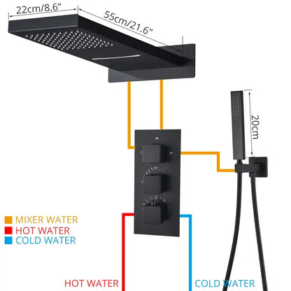 Modern black thermostatic rainfall shower faucet featuring a matte black rectangular rain shower head with handheld attachment