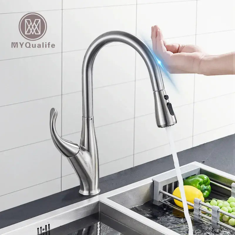 Modern black touch sensor kitchen faucet with curved spout stainless steel finish by decorbites black touch for kitchen use