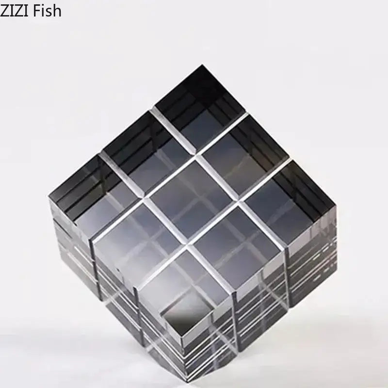 Modern black and transparent acrylic crystal magic cube desk ornament with interlocking grid design for office decor