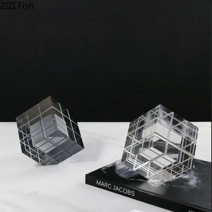 Modern black and transparent crystal magic cube desk ornament featuring clear crystal cube sculptures with geometric grid design