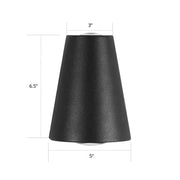 Modern black matte conical wall light with textured surface and precise dimensional markings for maximum bulb wattage
