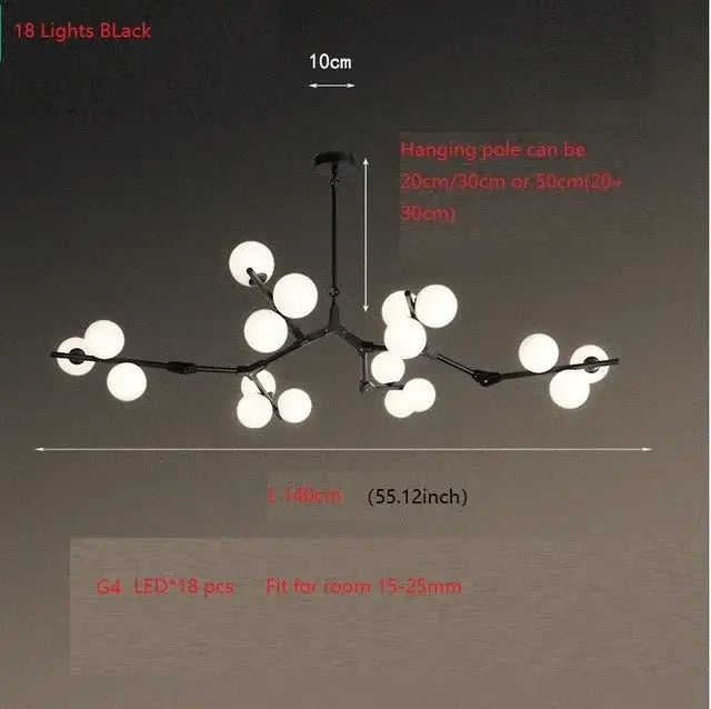 Modern black tree branch led ceiling light with 18 frosted glass globes for dining room ceiling light use