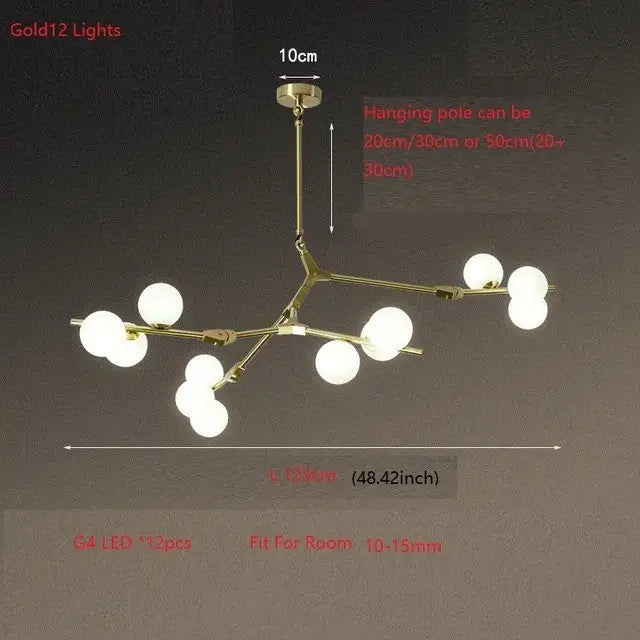 Gold-toned modern led ceiling light with twelve frosted glass globes in a branching design for dining room use