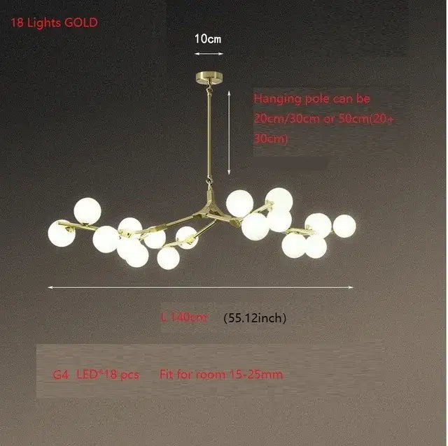 Gold-toned modern black tree branch led ceiling light with 18 white glass globes ideal for dining rooms