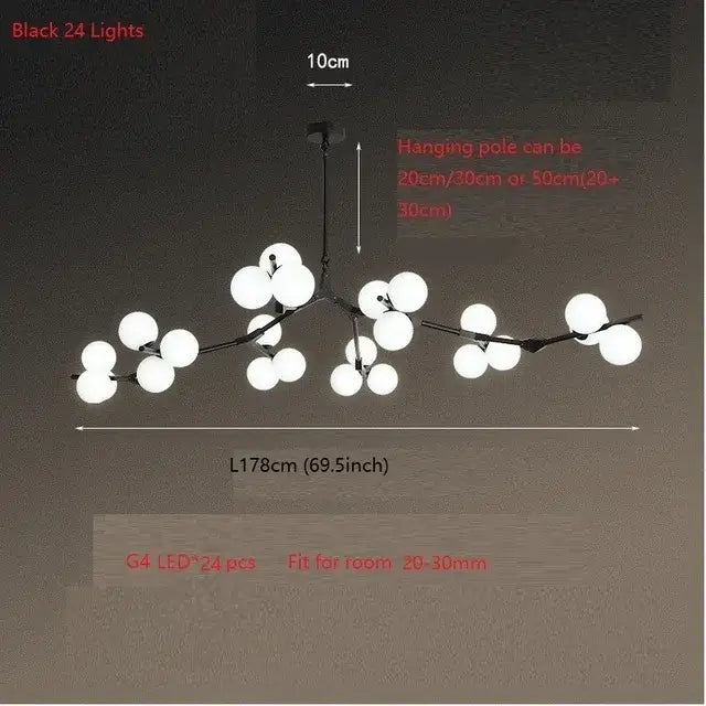 Modern black tree branch led ceiling light with 24 white glass globes designed for dining room illumination