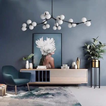 Modern black tree branch led ceiling light featuring spherical white glass globes ideal for dining room lighting