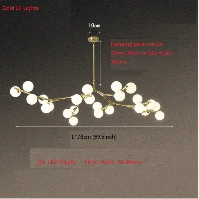Gold-toned branch-style led ceiling light with 24 frosted glass globes for modern dining room illumination