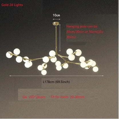 Gold-toned branch-style led ceiling light with 24 frosted glass globes for modern dining room illumination