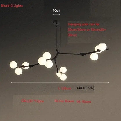 Modern black tree branch led ceiling light with 12 white glass globes and sleek metal frame for dining room use