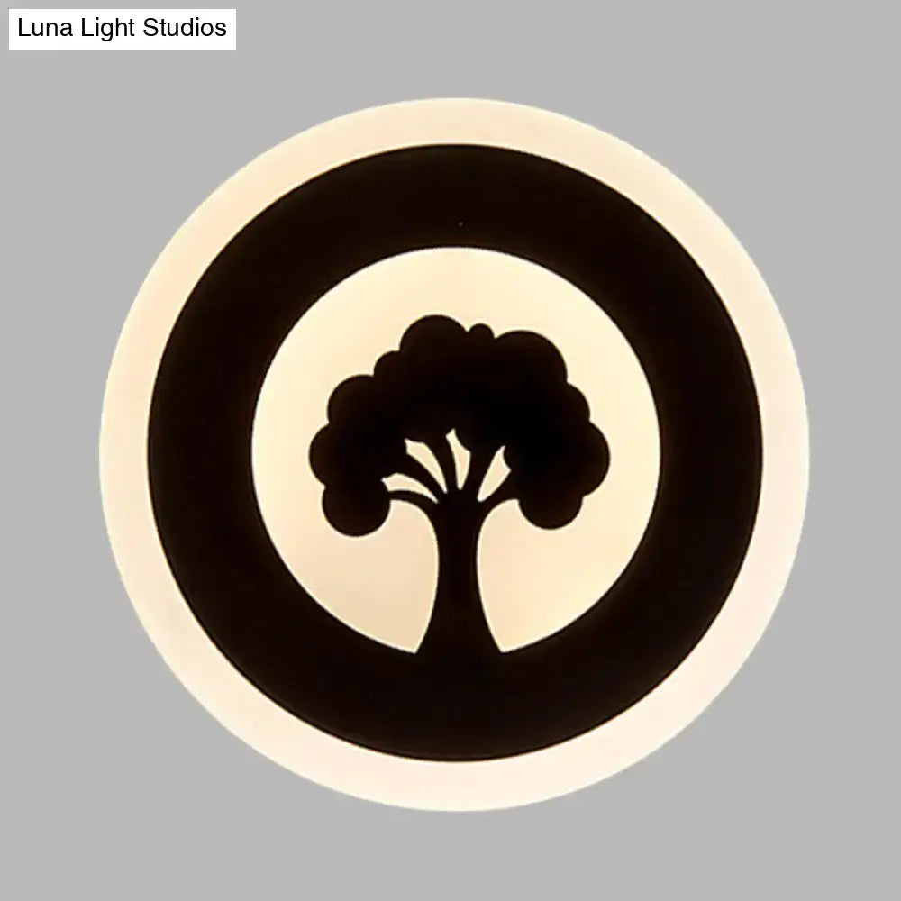 Modern black tree pattern led flush wall sconce featuring a circular logo with concentric rings on an off-white background