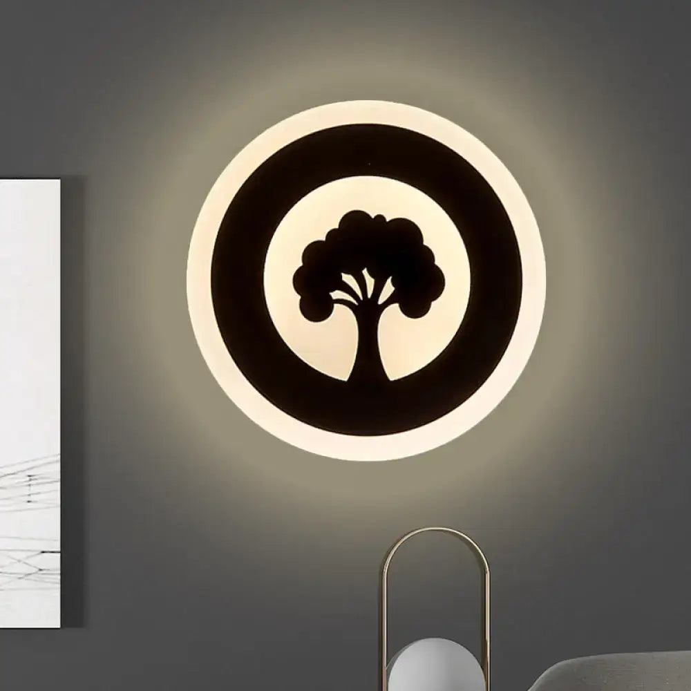 Modern black tree pattern led flush wall sconce with circular illuminated rings for bedroom lighting