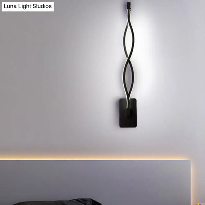 Modern black twisted led wall sconce with warm white light for stairway and bedroom lighting
