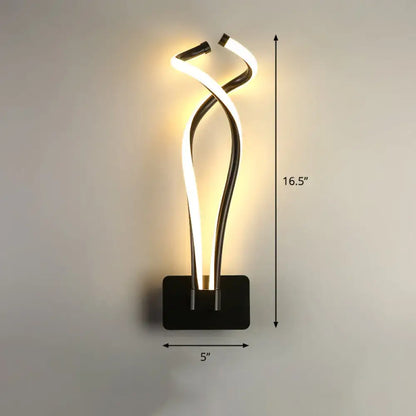 Modern black twisted spiral led wall sconce with two glowing curved light strips for bedroom lighting