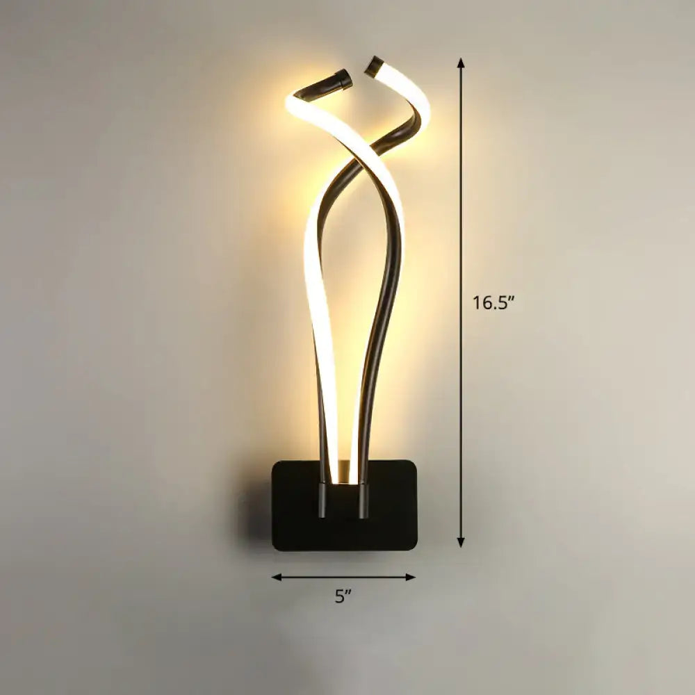 Modern black twisted spiral led wall sconce with illuminated white neon tubes and dark metallic arms for bedroom lighting