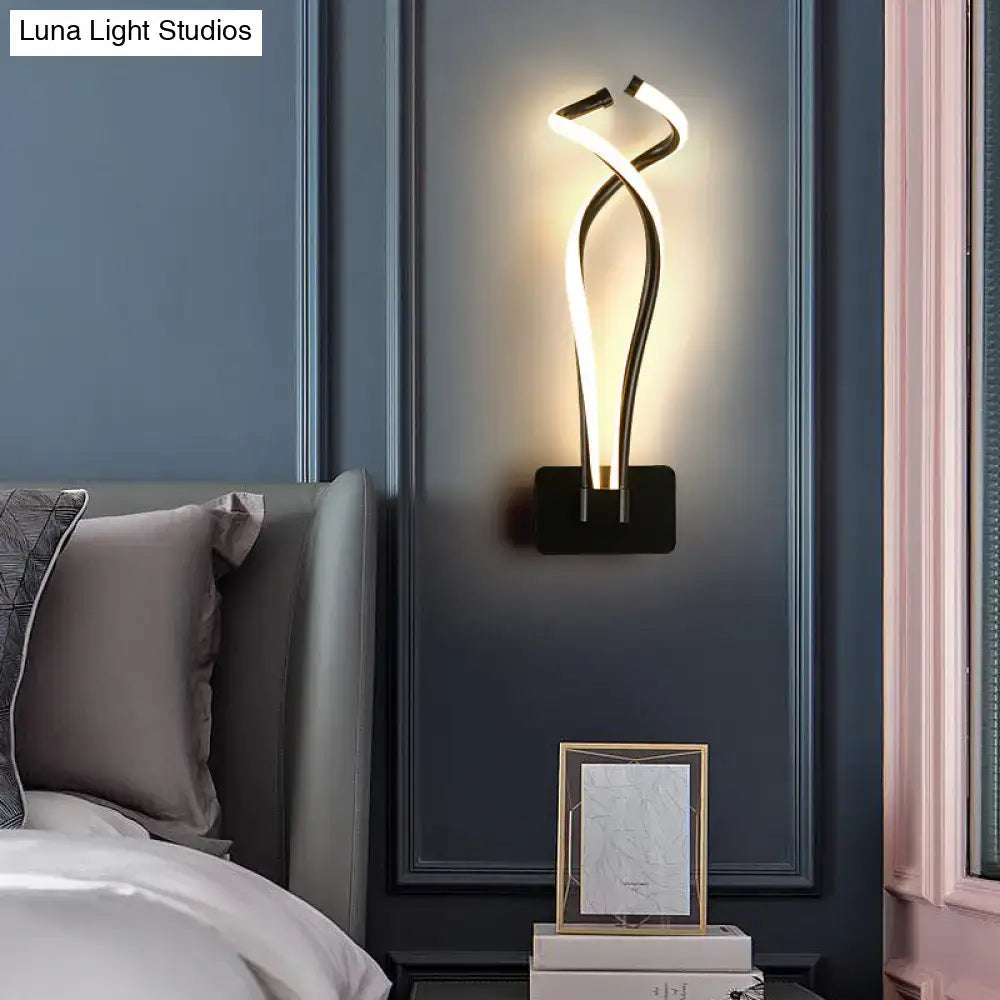 Modern black twisted spiral led wall sconce with sleek design and white light ideal for bedroom lighting